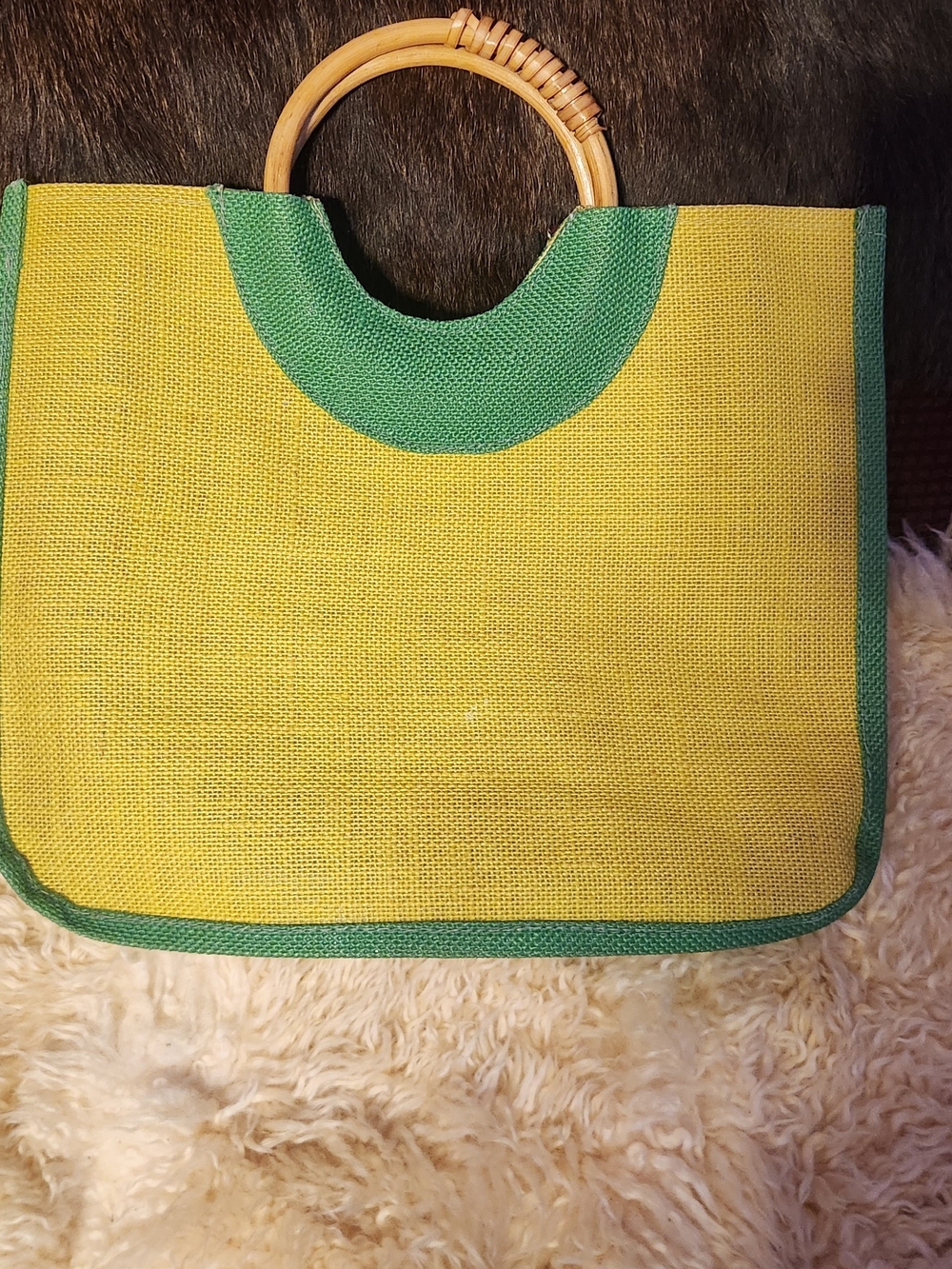 Source Unknown Yellow and Green Straw Tote with Bamboo Handles